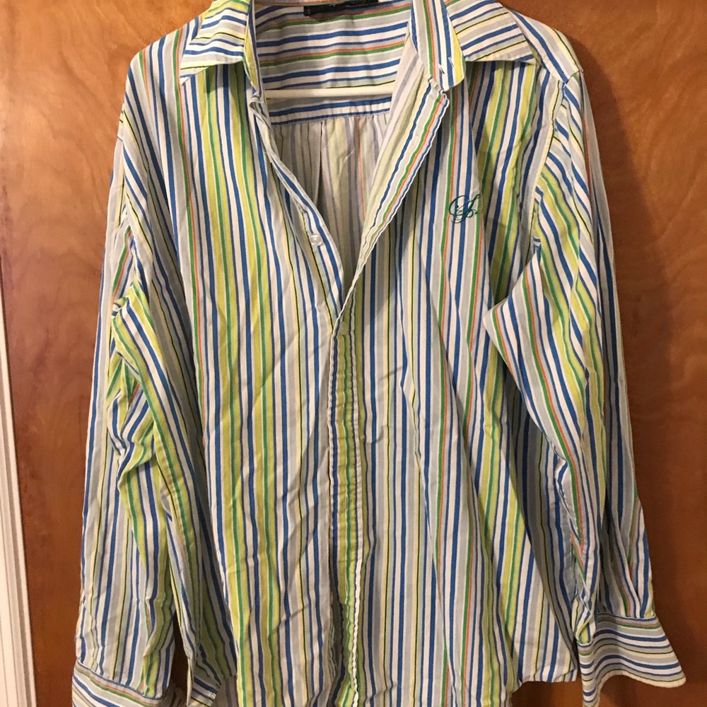 South Pole Men's Striped Button-Down Shirt in White, Blue & Green